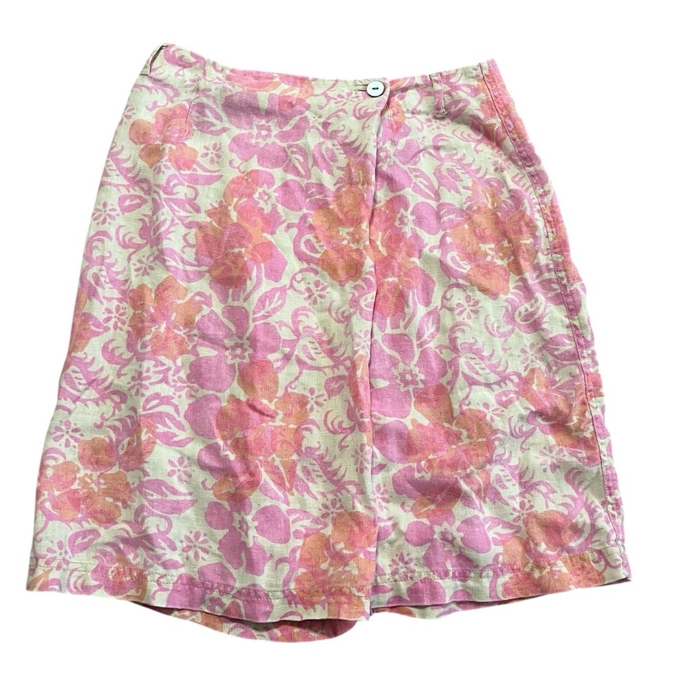 100% Linen Sigrid Olsen Floral Pink & Peach A-Line Skirt Size 4 Summer Resort